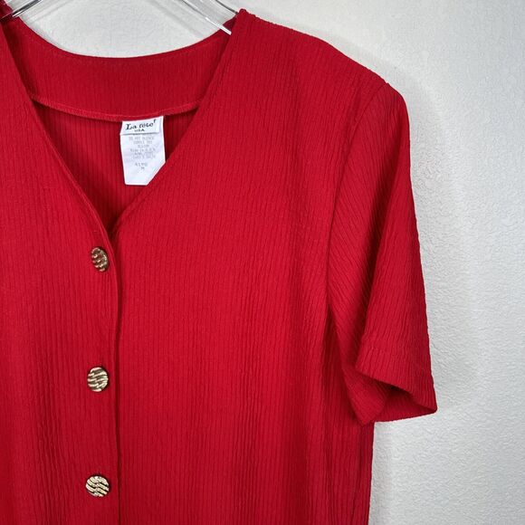 La Fete Blouse Medium Cherry‎ Red Button Front Vintage 90s 80s Mob Wife Gold - Picture 3 of 10